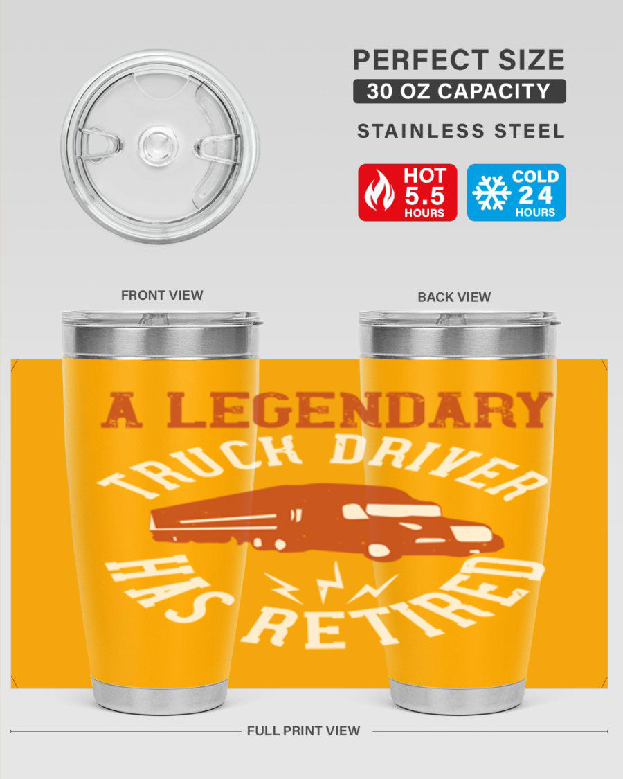 A stylish 20oz tumbler designed for retired truck drivers, featuring double wall vacuum insulation and a drink-thru lid.
