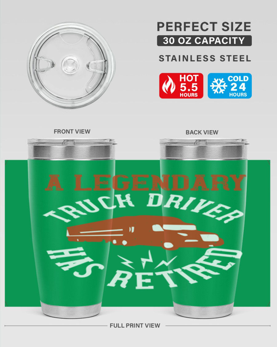 A stylish 20oz tumbler designed for retired truck drivers, featuring double wall vacuum insulation and a drink-thru lid.