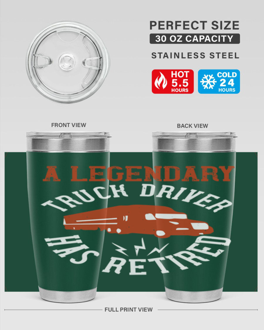 A stylish 20oz tumbler designed for retired truck drivers, featuring double wall vacuum insulation and a drink-thru lid.