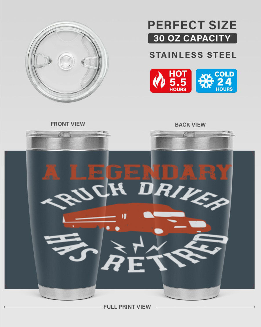 A stylish 20oz tumbler designed for retired truck drivers, featuring double wall vacuum insulation and a drink-thru lid.
