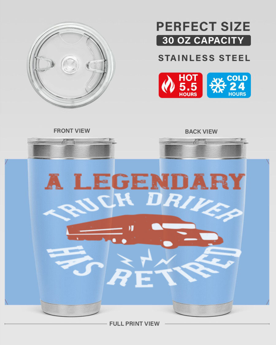 A stylish 20oz tumbler designed for retired truck drivers, featuring double wall vacuum insulation and a drink-thru lid.