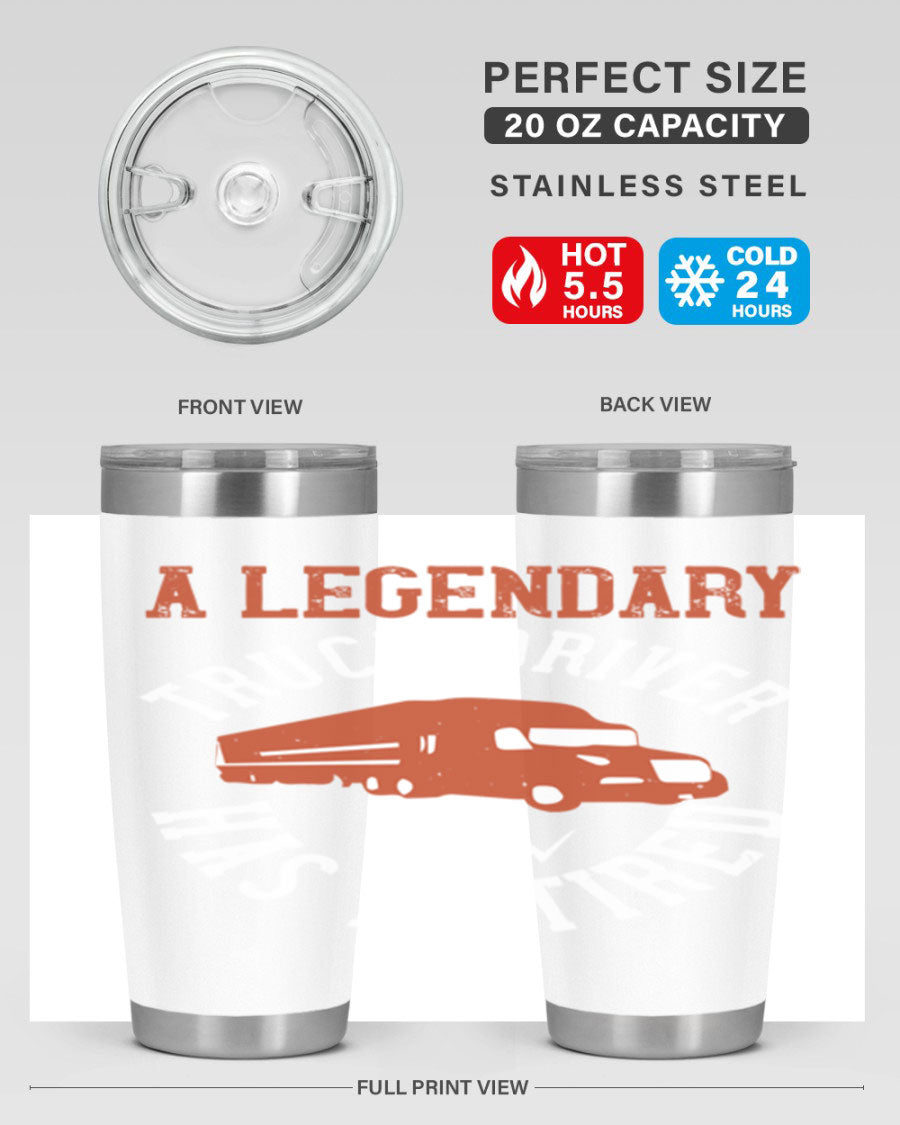 A stylish 20oz tumbler designed for retired truck drivers, featuring double wall vacuum insulation and a drink-thru lid.