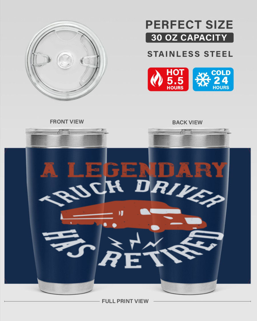 A stylish 20oz tumbler designed for retired truck drivers, featuring double wall vacuum insulation and a drink-thru lid.