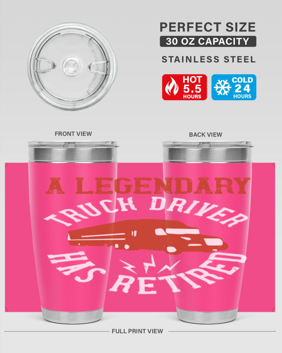 A stylish 20oz tumbler designed for retired truck drivers, featuring double wall vacuum insulation and a drink-thru lid.