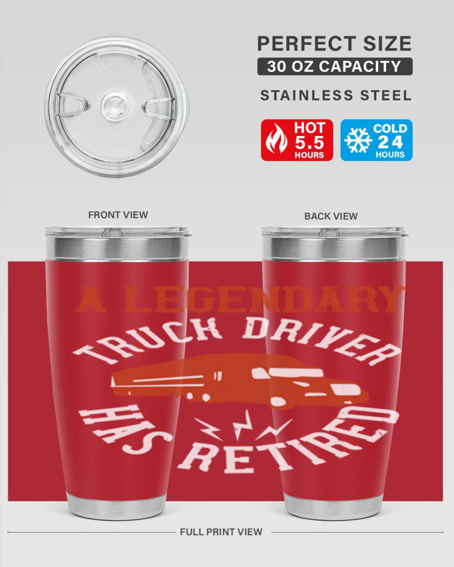 A stylish 20oz tumbler designed for retired truck drivers, featuring double wall vacuum insulation and a drink-thru lid.