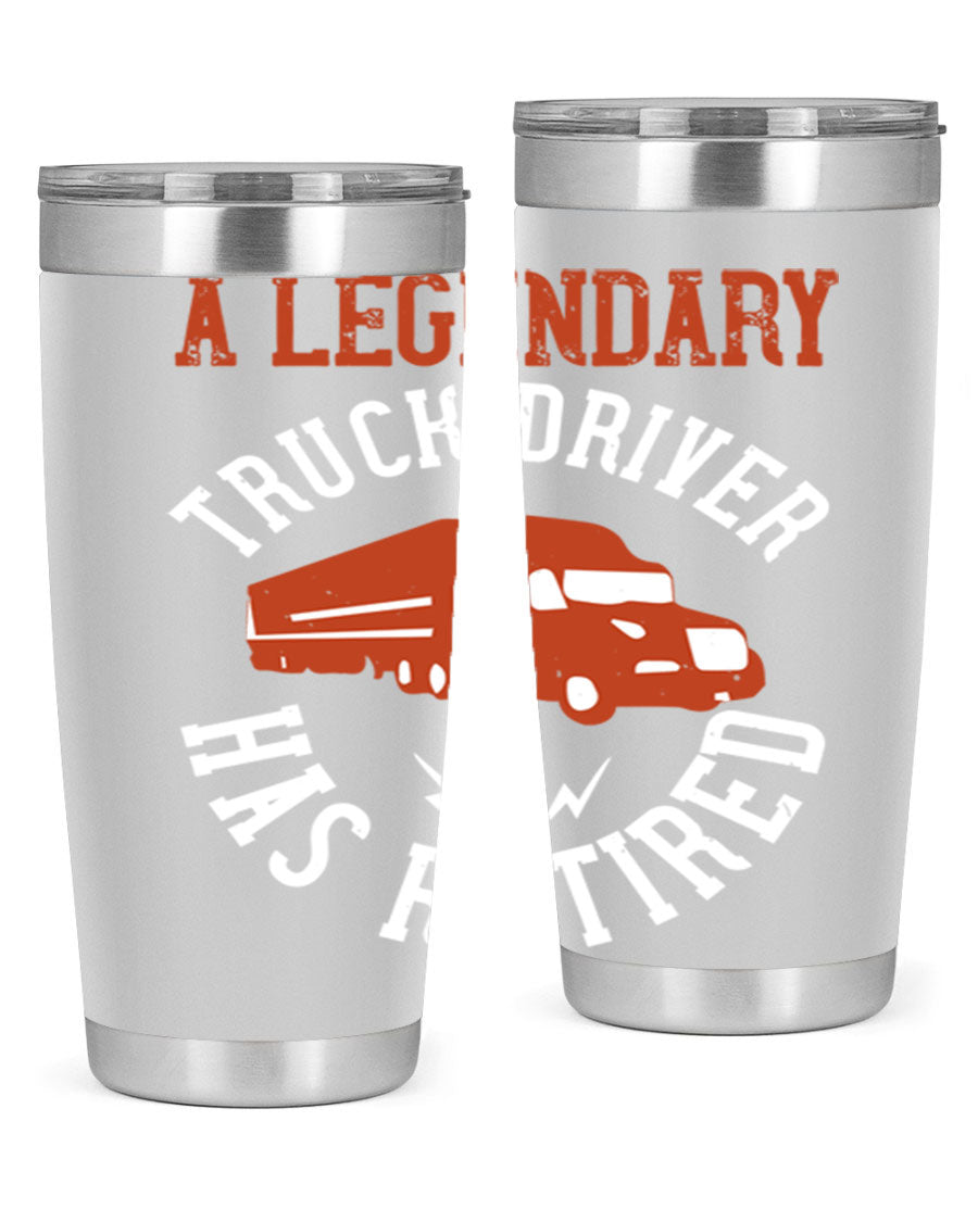 A stylish 20oz tumbler designed for retired truck drivers, featuring double wall vacuum insulation and a drink-thru lid.
