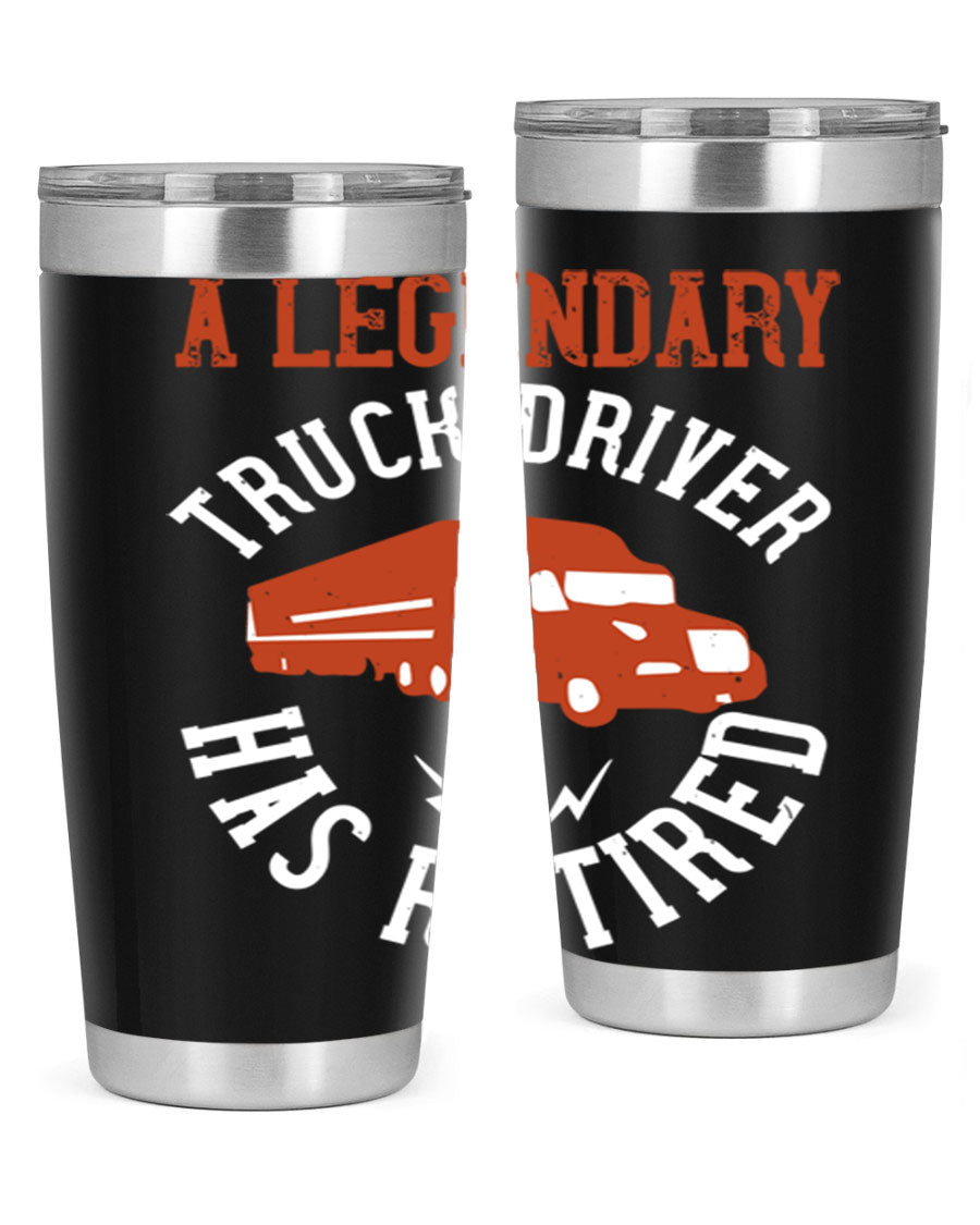 A stylish 20oz tumbler designed for retired truck drivers, featuring double wall vacuum insulation and a drink-thru lid.