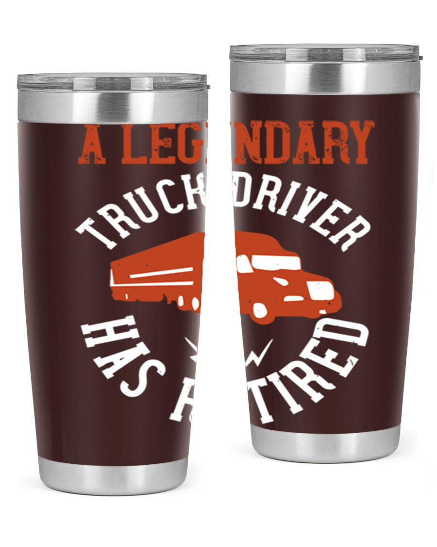 A stylish 20oz tumbler designed for retired truck drivers, featuring double wall vacuum insulation and a drink-thru lid.
