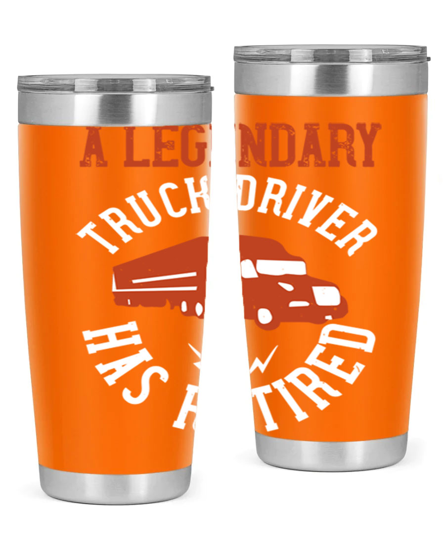 A stylish 20oz tumbler designed for retired truck drivers, featuring double wall vacuum insulation and a drink-thru lid.