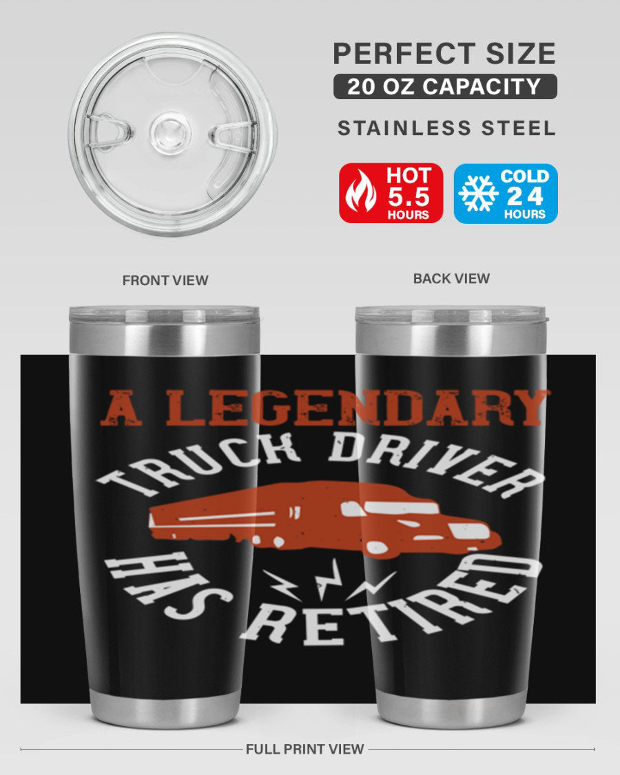 A stylish 20oz tumbler designed for retired truck drivers, featuring double wall vacuum insulation and a drink-thru lid.