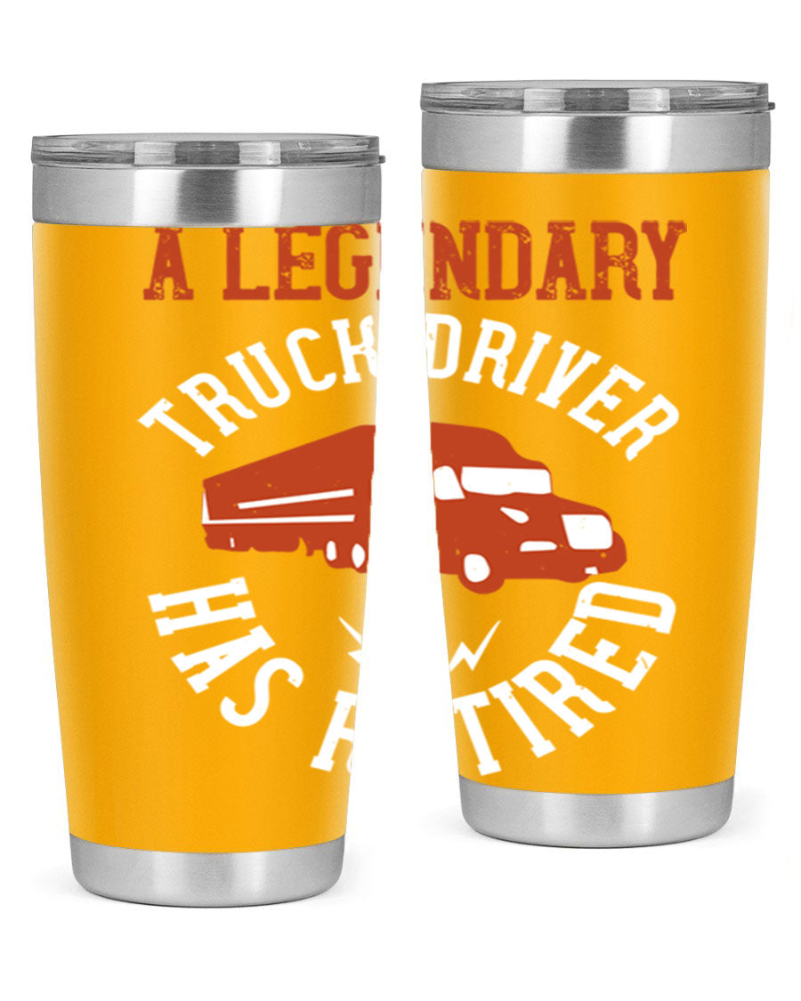 A stylish 20oz tumbler designed for retired truck drivers, featuring double wall vacuum insulation and a drink-thru lid.