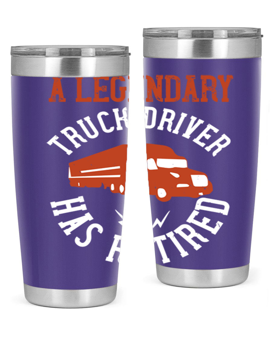 A stylish 20oz tumbler designed for retired truck drivers, featuring double wall vacuum insulation and a drink-thru lid.