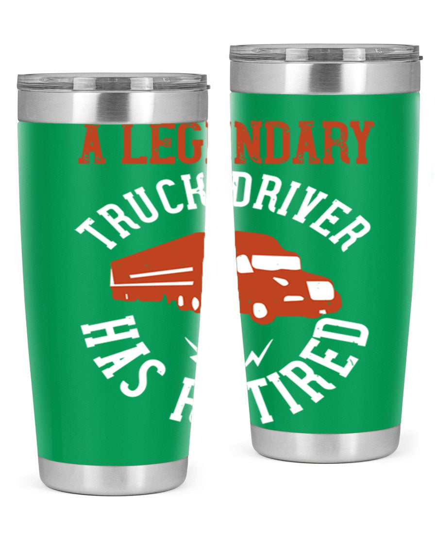 A stylish 20oz tumbler designed for retired truck drivers, featuring double wall vacuum insulation and a drink-thru lid.