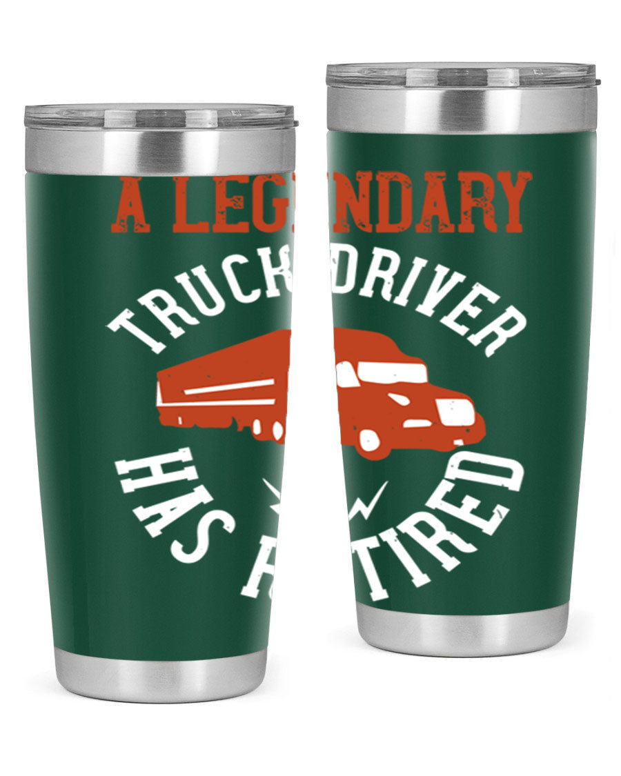 A stylish 20oz tumbler designed for retired truck drivers, featuring double wall vacuum insulation and a drink-thru lid.