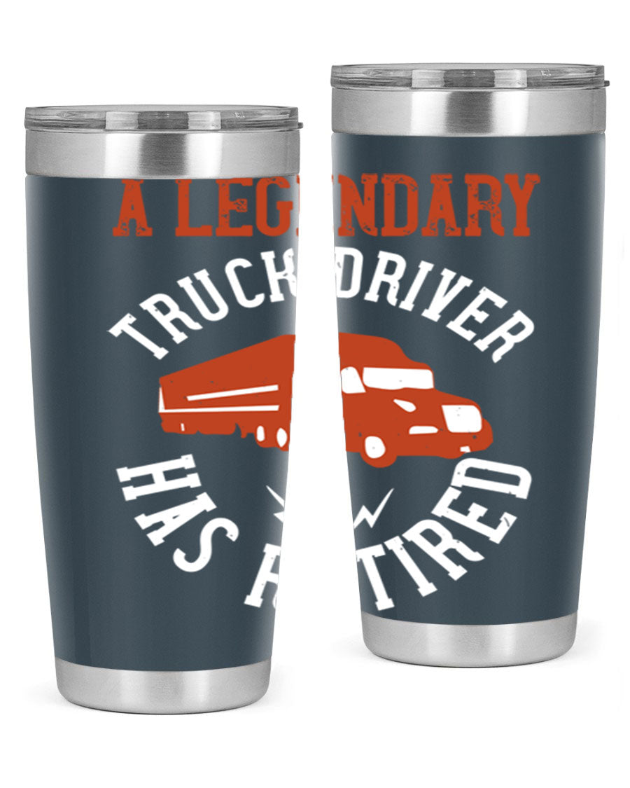 A stylish 20oz tumbler designed for retired truck drivers, featuring double wall vacuum insulation and a drink-thru lid.