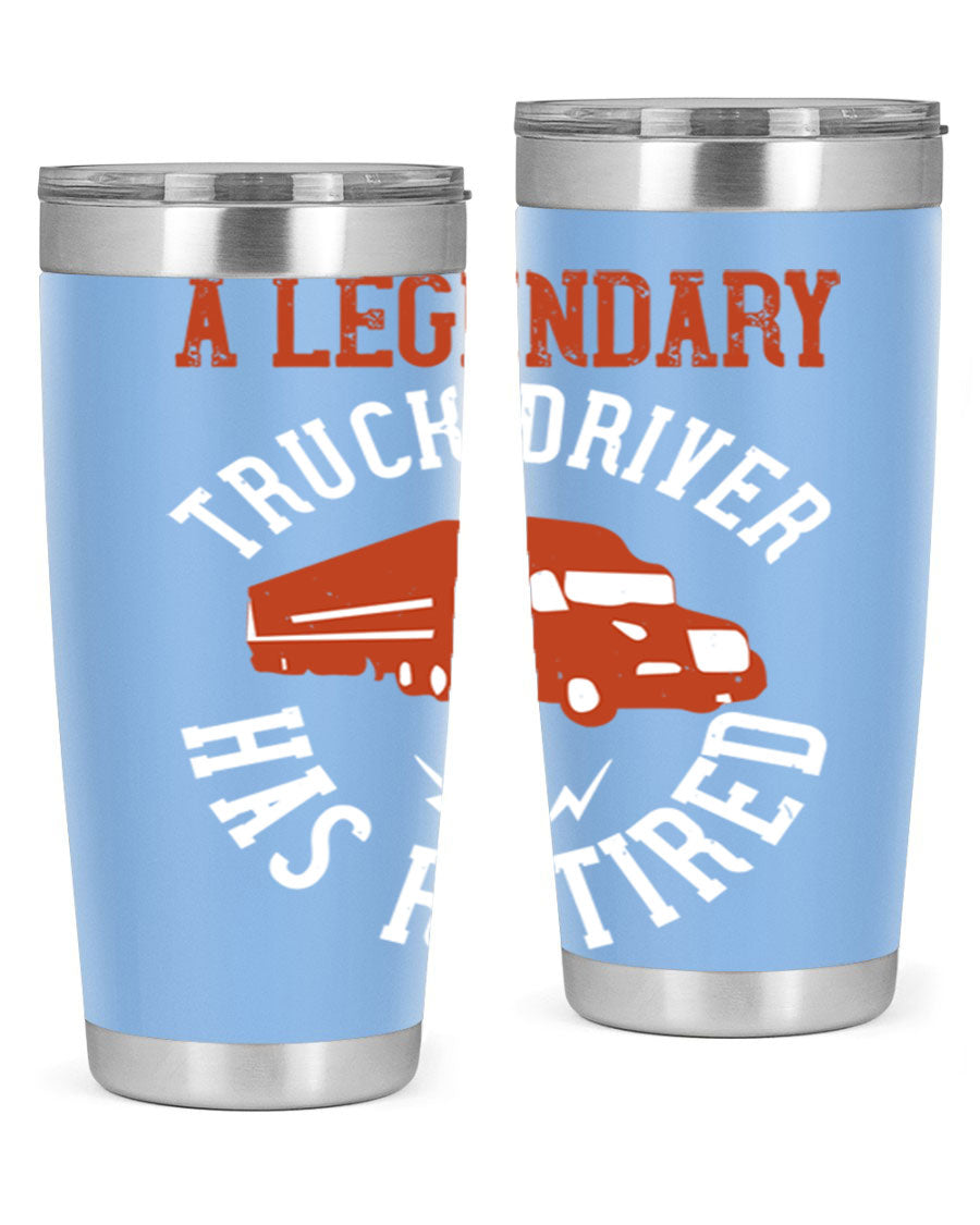 A stylish 20oz tumbler designed for retired truck drivers, featuring double wall vacuum insulation and a drink-thru lid.