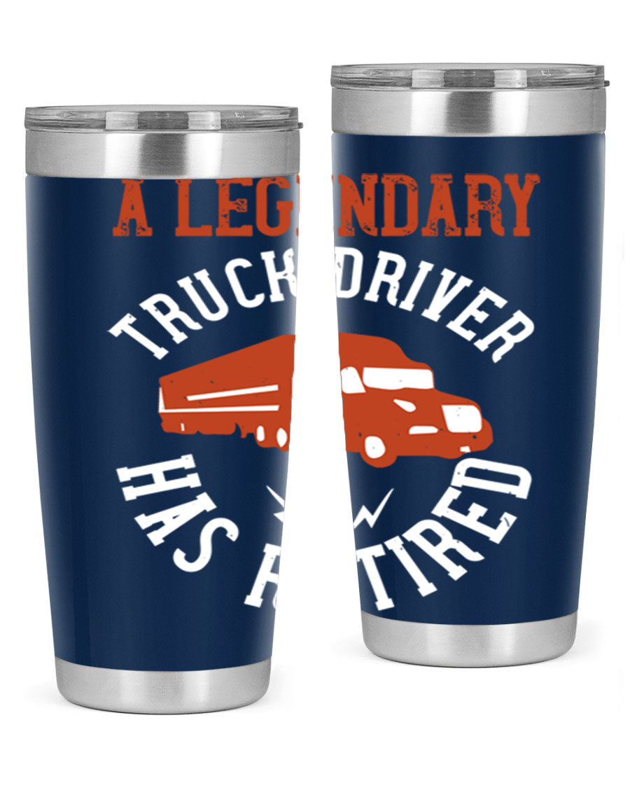 A stylish 20oz tumbler designed for retired truck drivers, featuring double wall vacuum insulation and a drink-thru lid.