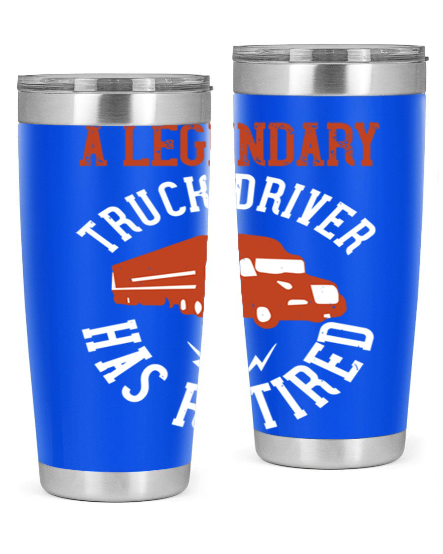 A stylish 20oz tumbler designed for retired truck drivers, featuring double wall vacuum insulation and a drink-thru lid.