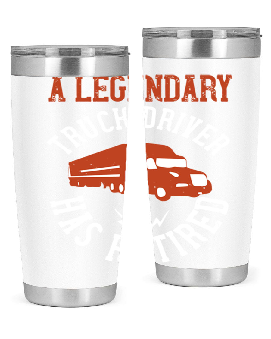 A stylish 20oz tumbler designed for retired truck drivers, featuring double wall vacuum insulation and a drink-thru lid.