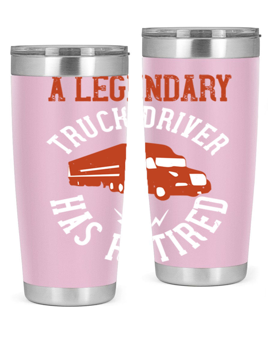 A stylish 20oz tumbler designed for retired truck drivers, featuring double wall vacuum insulation and a drink-thru lid.