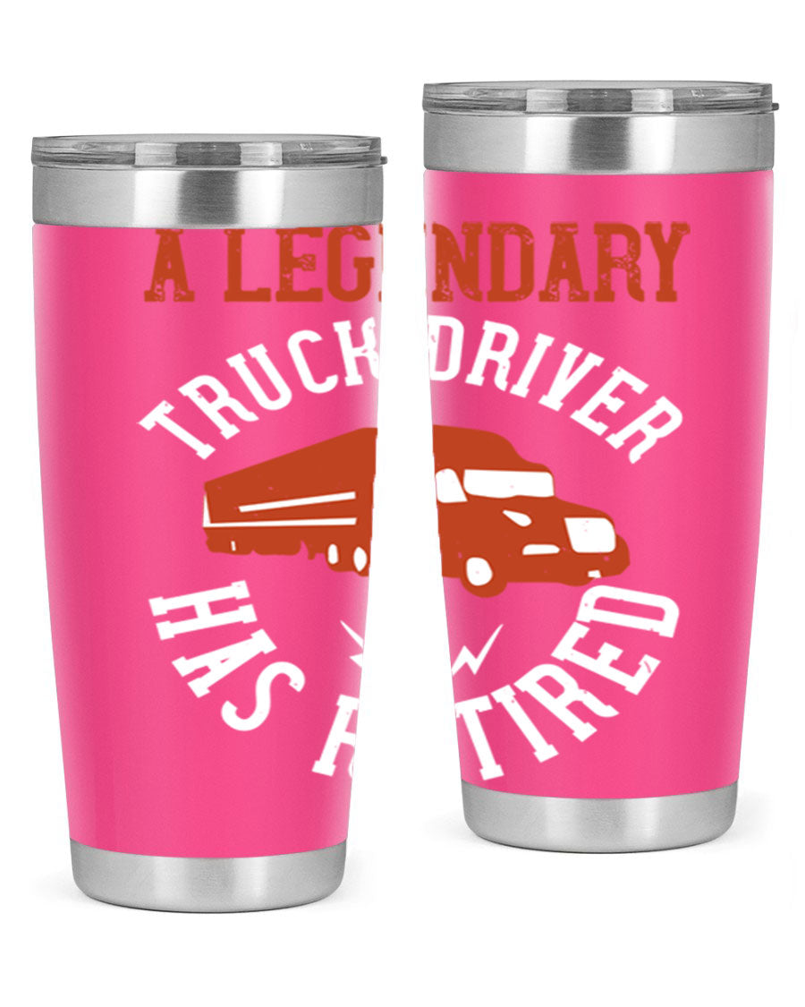 A stylish 20oz tumbler designed for retired truck drivers, featuring double wall vacuum insulation and a drink-thru lid.