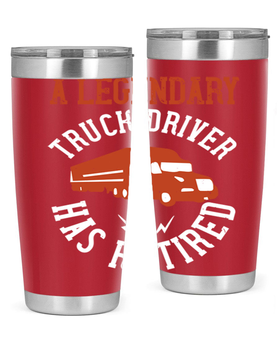 A stylish 20oz tumbler designed for retired truck drivers, featuring double wall vacuum insulation and a drink-thru lid.
