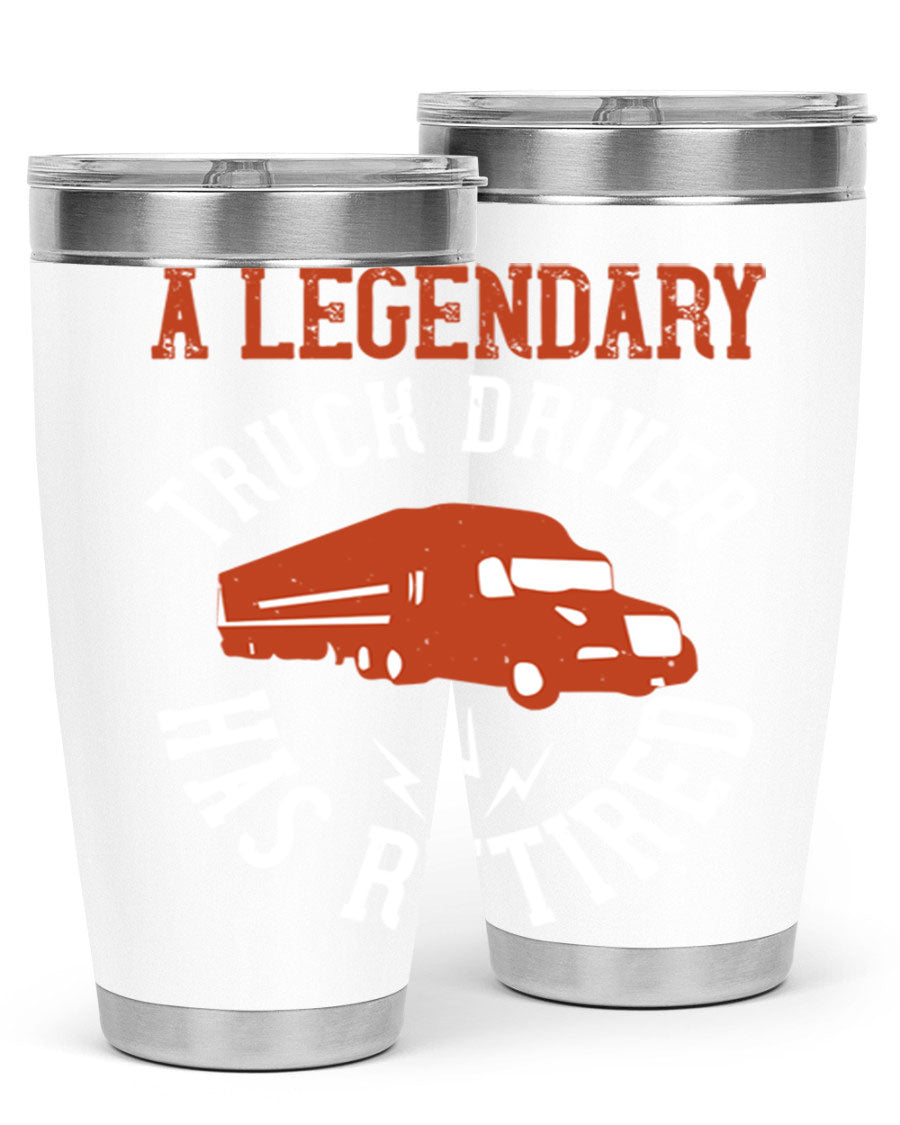 A stylish 20oz tumbler designed for retired truck drivers, featuring double wall vacuum insulation and a drink-thru lid.