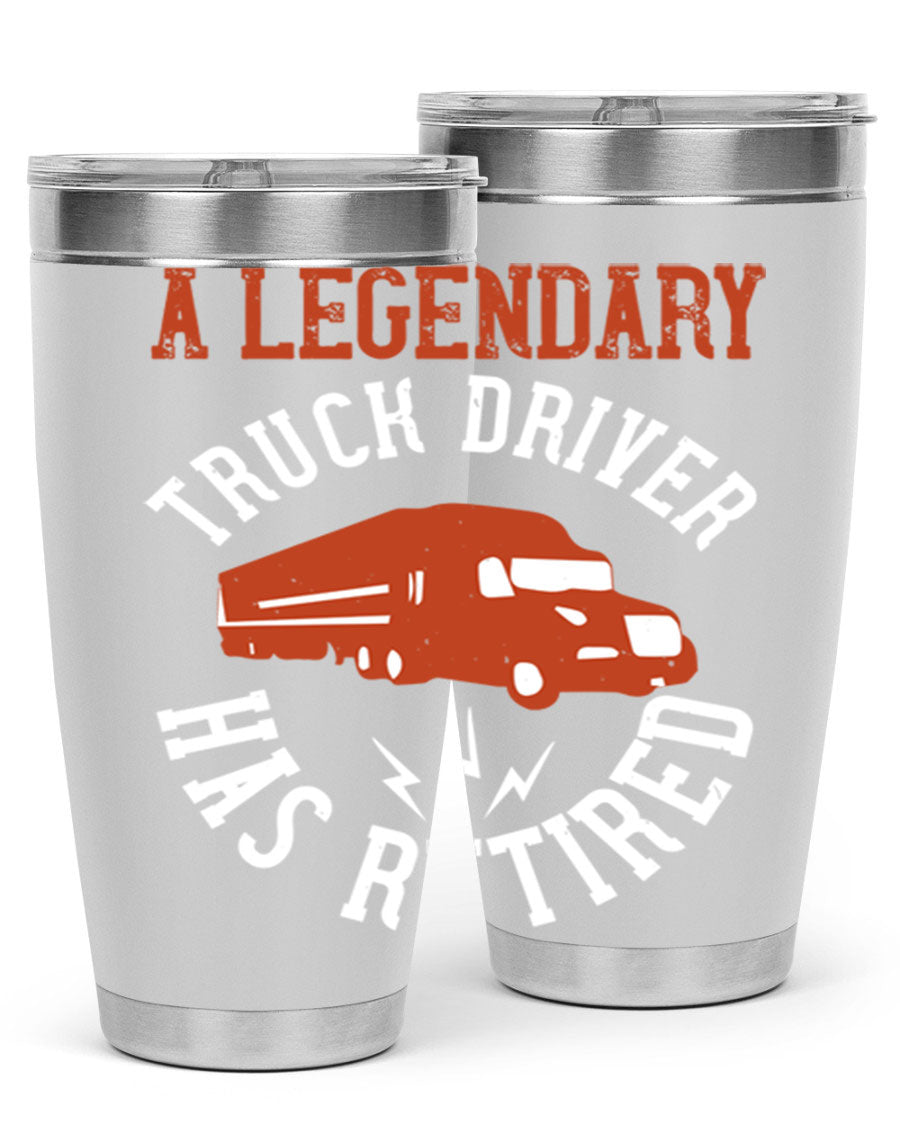 A stylish 20oz tumbler designed for retired truck drivers, featuring double wall vacuum insulation and a drink-thru lid.