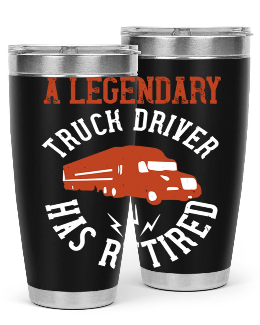 A stylish 20oz tumbler designed for retired truck drivers, featuring double wall vacuum insulation and a drink-thru lid.
