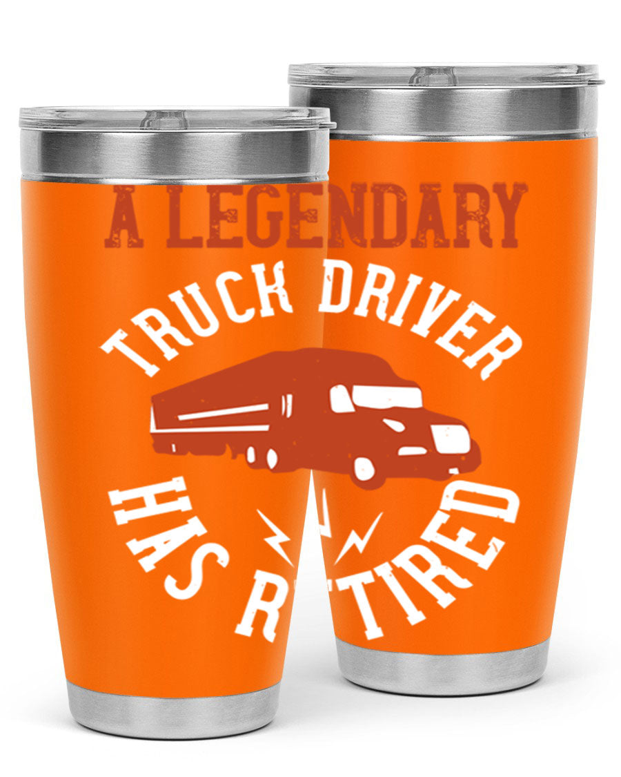 A stylish 20oz tumbler designed for retired truck drivers, featuring double wall vacuum insulation and a drink-thru lid.
