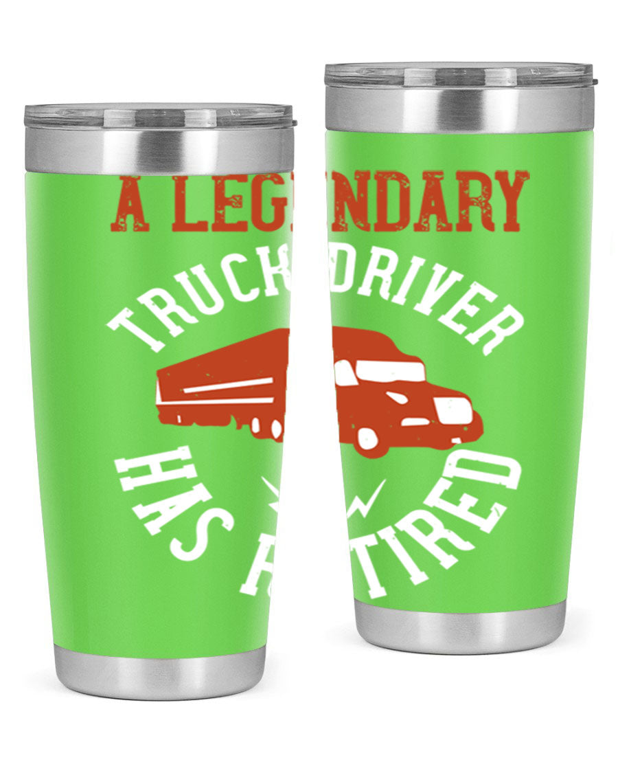 A stylish 20oz tumbler designed for retired truck drivers, featuring double wall vacuum insulation and a drink-thru lid.