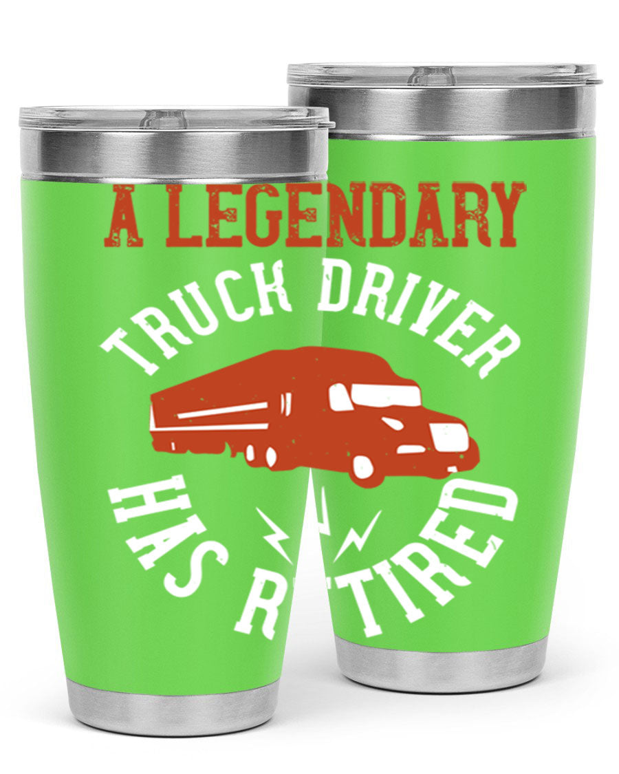 A stylish 20oz tumbler designed for retired truck drivers, featuring double wall vacuum insulation and a drink-thru lid.