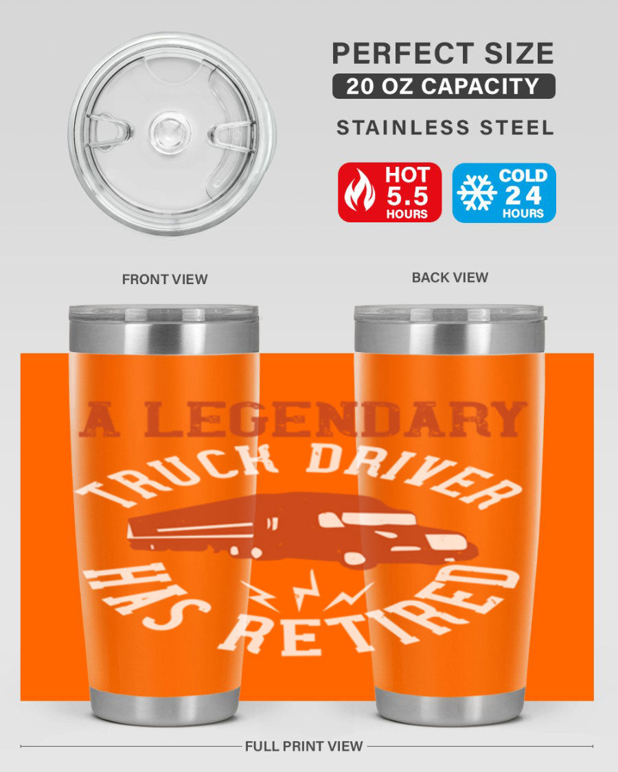 A stylish 20oz tumbler designed for retired truck drivers, featuring double wall vacuum insulation and a drink-thru lid.