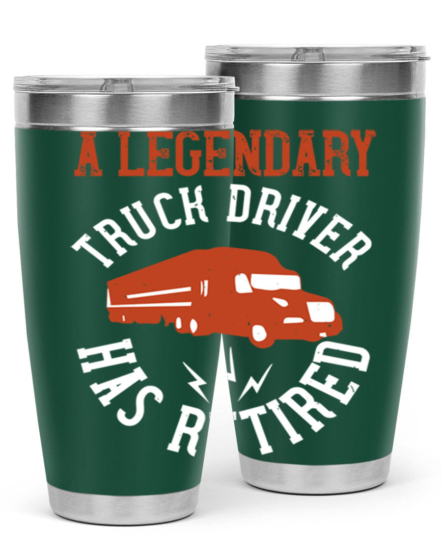 A stylish 20oz tumbler designed for retired truck drivers, featuring double wall vacuum insulation and a drink-thru lid.