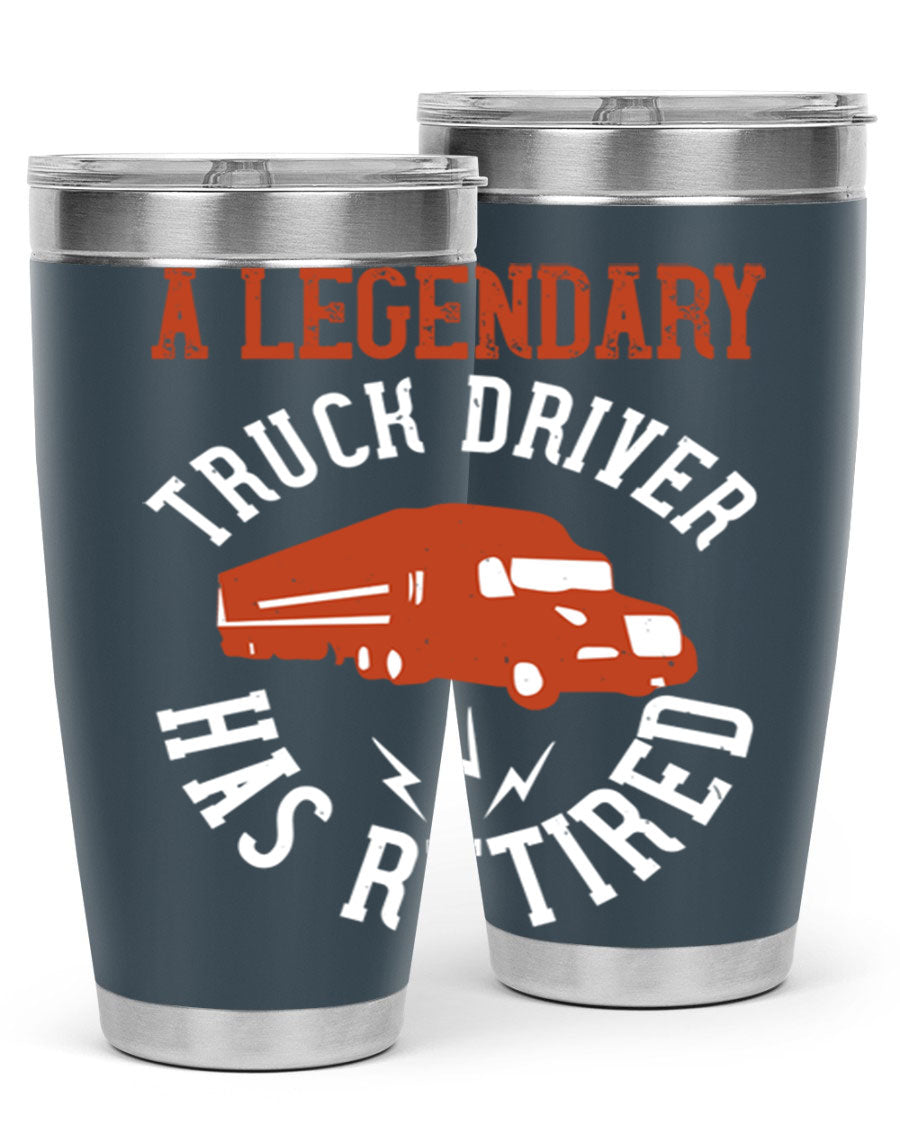 A stylish 20oz tumbler designed for retired truck drivers, featuring double wall vacuum insulation and a drink-thru lid.
