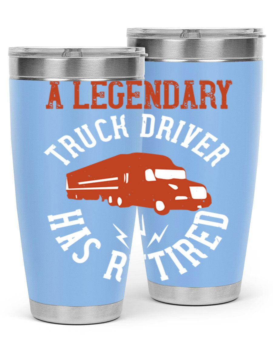 A stylish 20oz tumbler designed for retired truck drivers, featuring double wall vacuum insulation and a drink-thru lid.