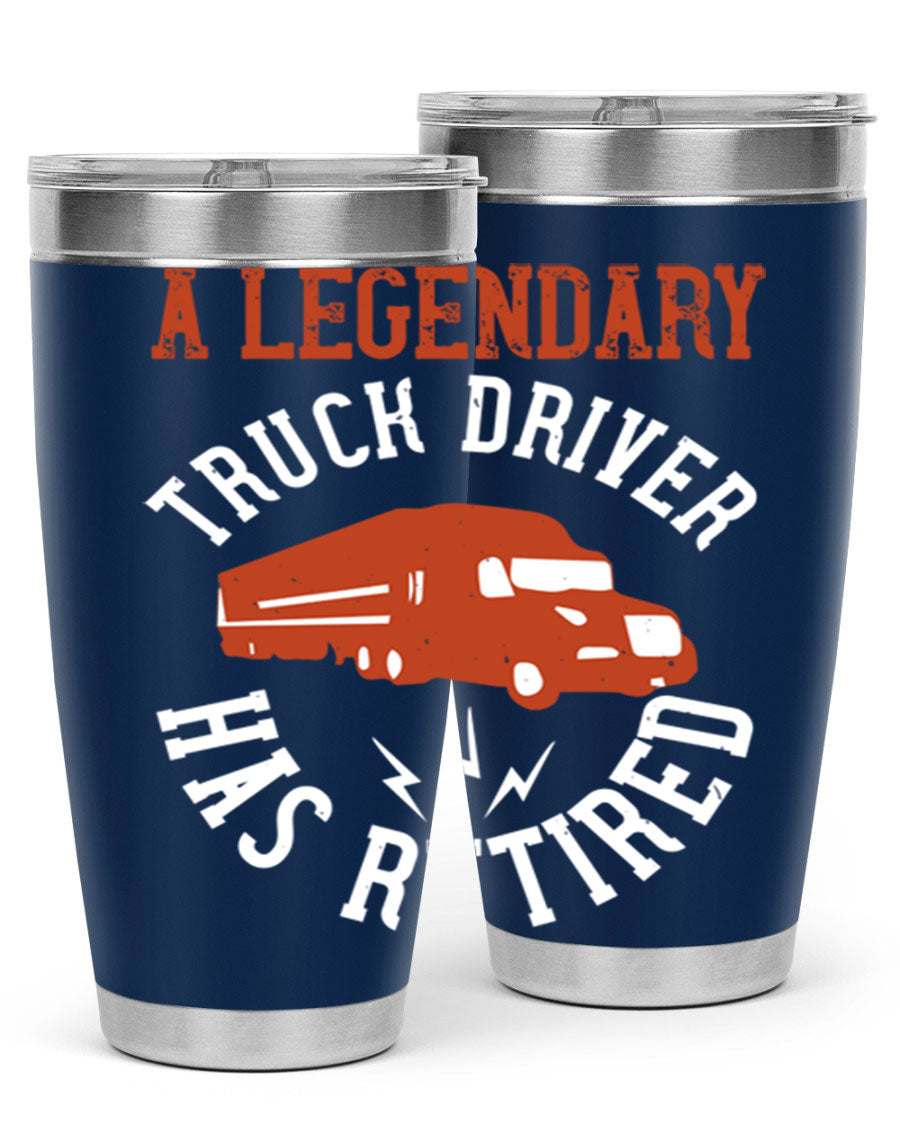 A stylish 20oz tumbler designed for retired truck drivers, featuring double wall vacuum insulation and a drink-thru lid.