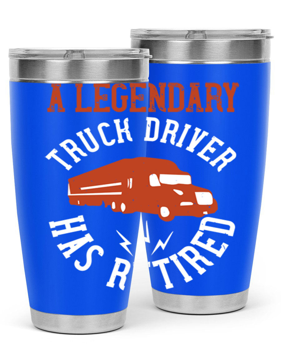 A stylish 20oz tumbler designed for retired truck drivers, featuring double wall vacuum insulation and a drink-thru lid.