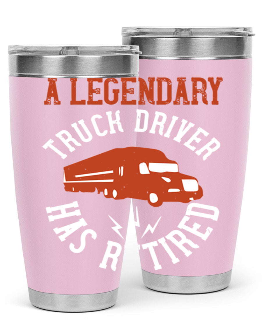 A stylish 20oz tumbler designed for retired truck drivers, featuring double wall vacuum insulation and a drink-thru lid.