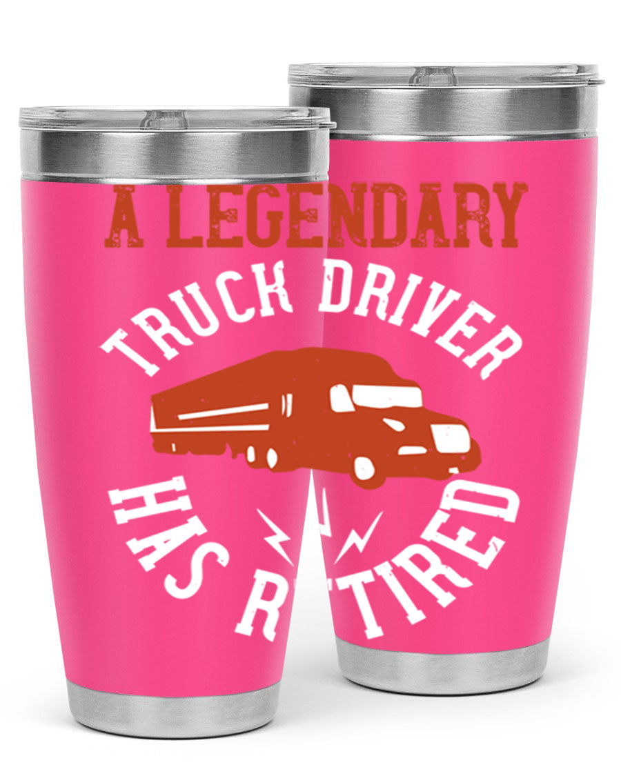 A stylish 20oz tumbler designed for retired truck drivers, featuring double wall vacuum insulation and a drink-thru lid.