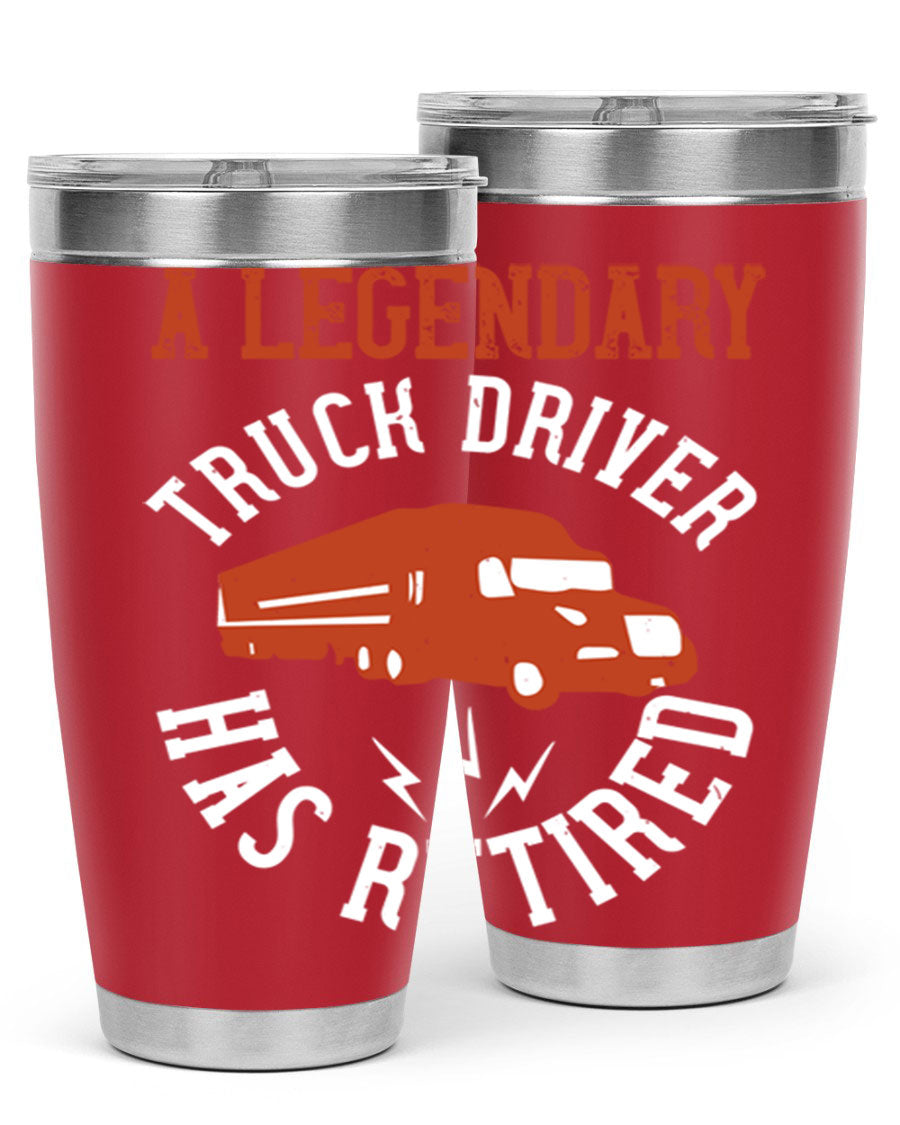 A stylish 20oz tumbler designed for retired truck drivers, featuring double wall vacuum insulation and a drink-thru lid.