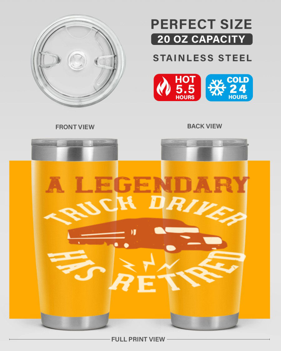 A stylish 20oz tumbler designed for retired truck drivers, featuring double wall vacuum insulation and a drink-thru lid.
