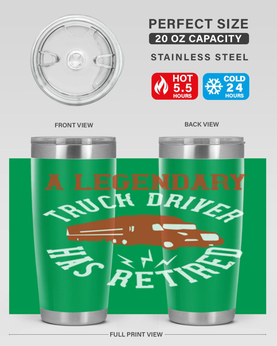 A stylish 20oz tumbler designed for retired truck drivers, featuring double wall vacuum insulation and a drink-thru lid.