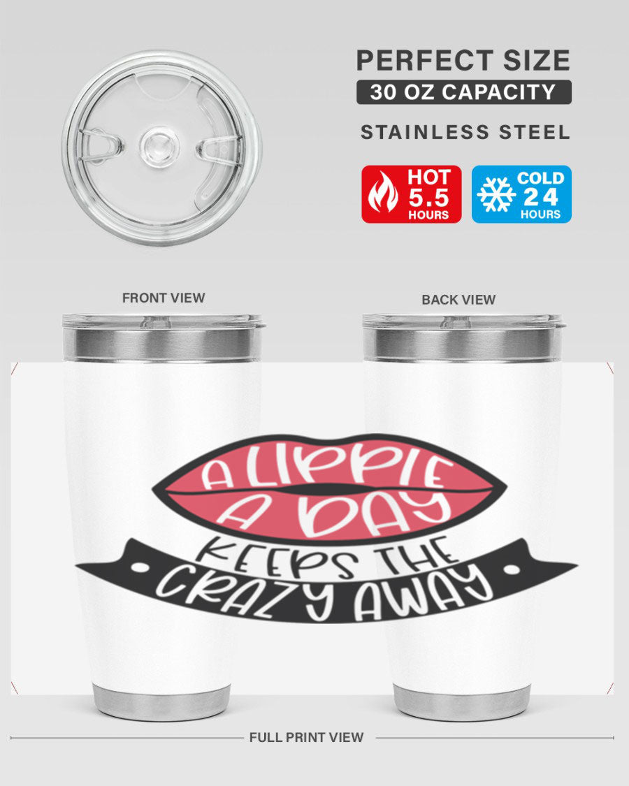 A stylish 20oz stainless steel tumbler with a fun phrase, featuring a drink-thru lid and double wall vacuum insulation.