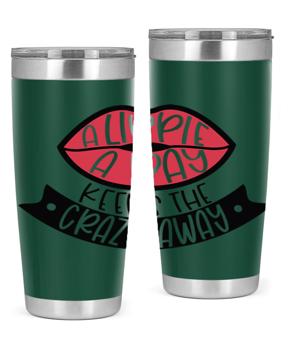 A stylish 20oz stainless steel tumbler with a fun phrase, featuring a drink-thru lid and double wall vacuum insulation.