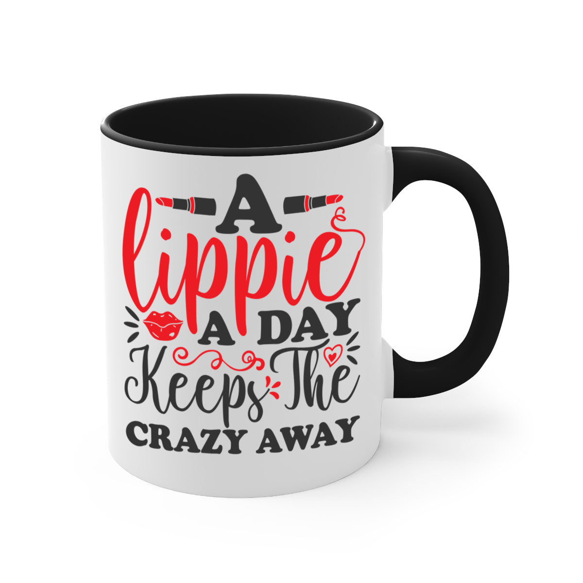 Two-tone ceramic coffee mug with colorful handle and interior, featuring the phrase 'a lippie a day keeps the crazyaway'.