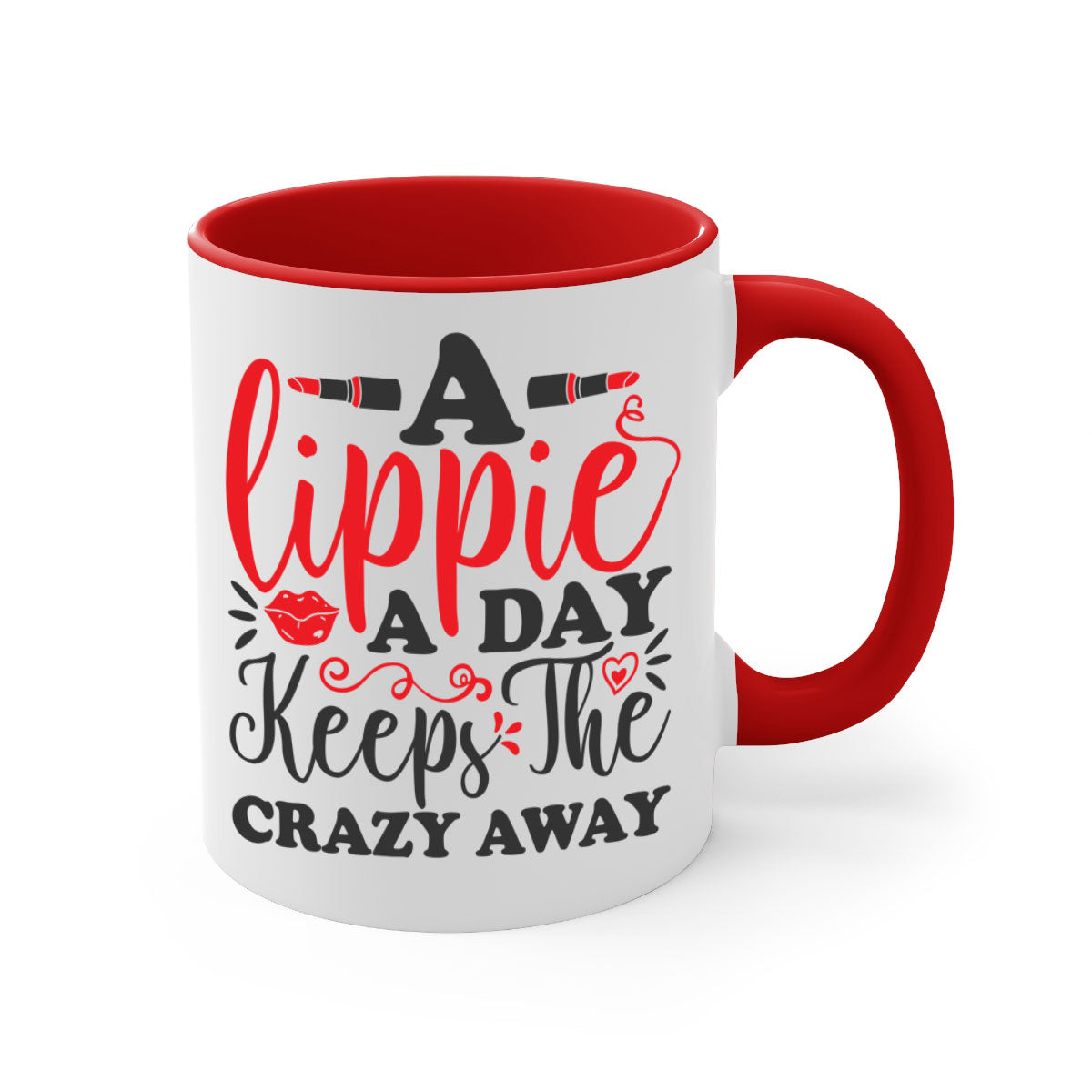 Two-tone ceramic coffee mug with colorful handle and interior, featuring the phrase 'a lippie a day keeps the crazyaway'.