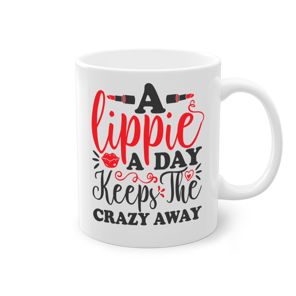 Two-tone ceramic coffee mug with colorful handle and interior, featuring the phrase 'a lippie a day keeps the crazyaway'.