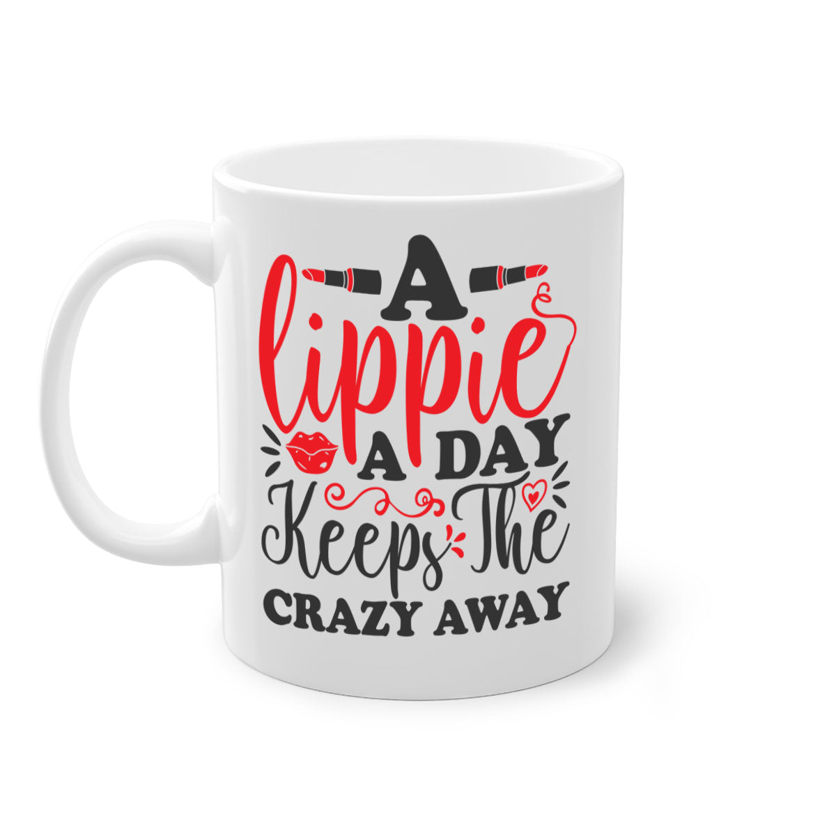 Two-tone ceramic coffee mug with colorful handle and interior, featuring the phrase 'a lippie a day keeps the crazyaway'.