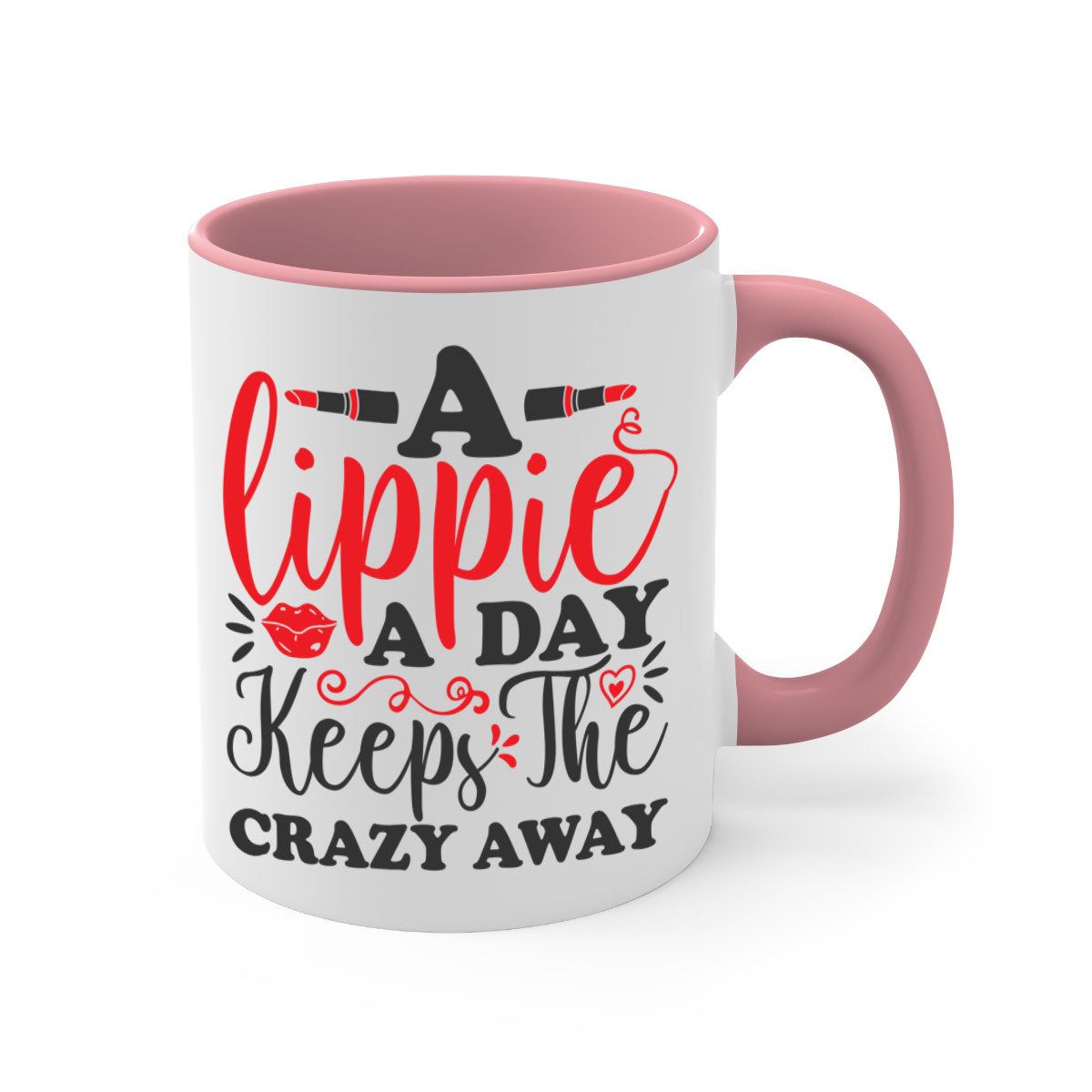 Two-tone ceramic coffee mug with colorful handle and interior, featuring the phrase 'a lippie a day keeps the crazyaway'.